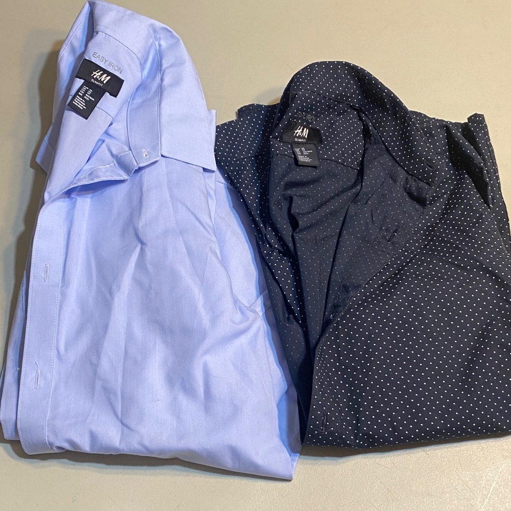 H&M Men’s Light Blue Solid & Navy Polka Dot Dress Shirts